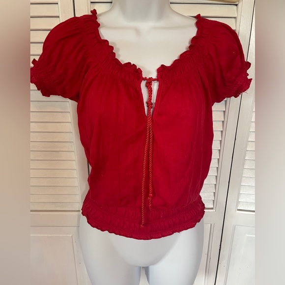 Red Cinched Waist Top Blouse Size XS - Picture 1 of 8
